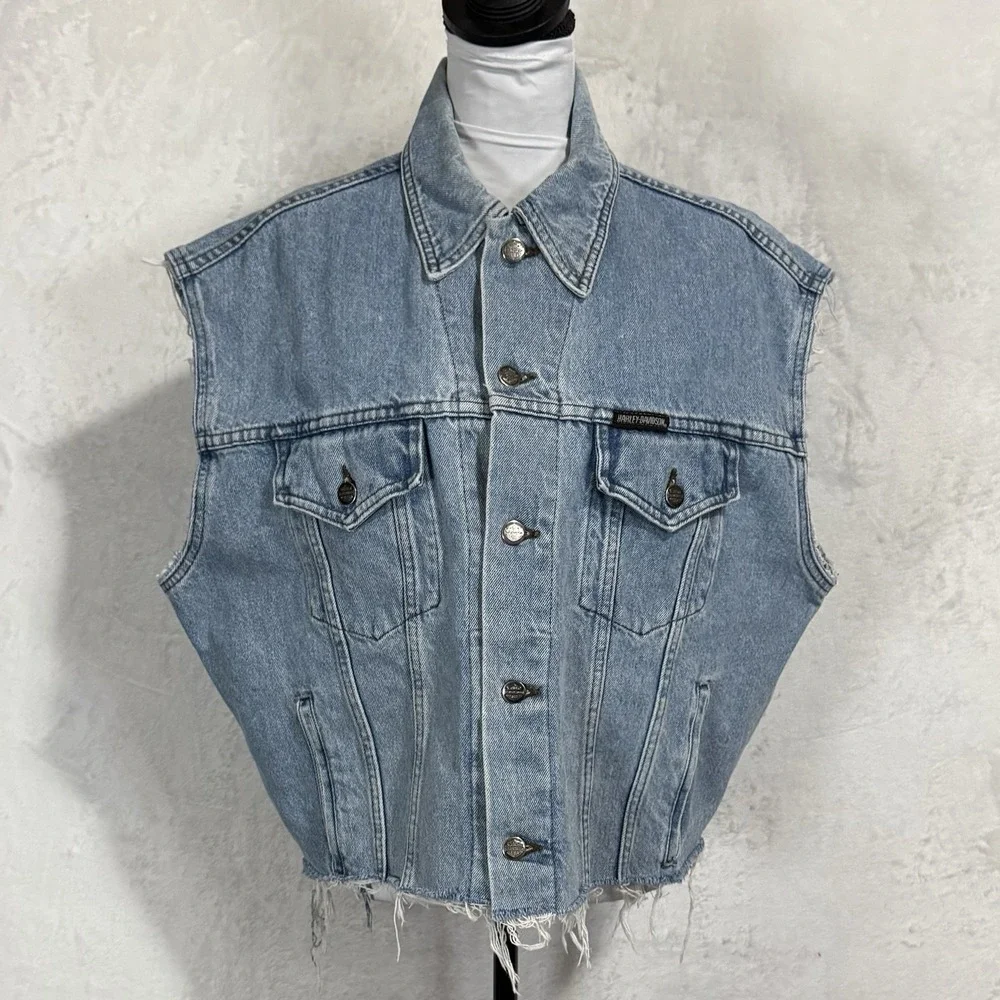 Y2K Harley Davidson Denim Vest‎ Size L Distressed Florida Logo Patch Grunge VTG - Picture 2 of 16